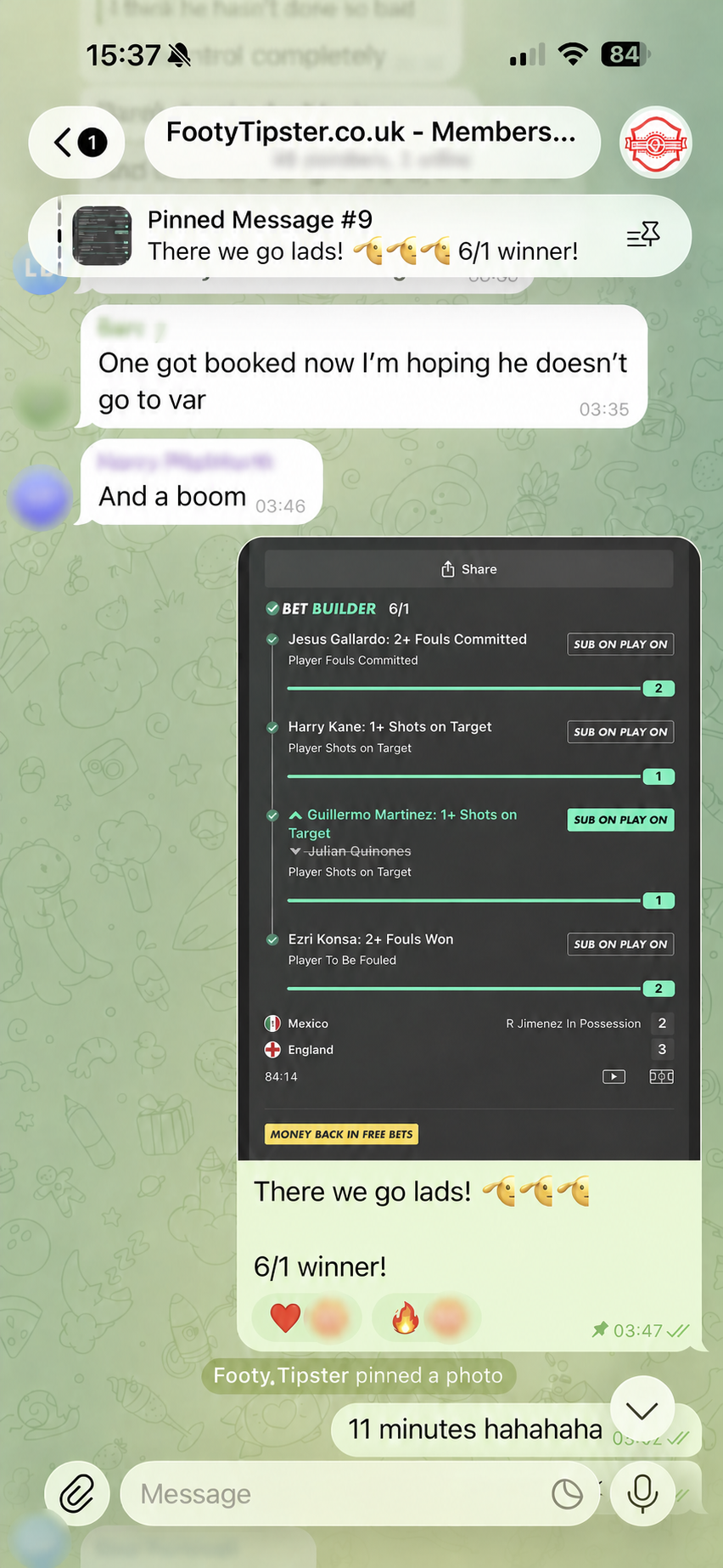 Redacted Footy Tipster Telegram members group showing a winning 6/1 bet builder